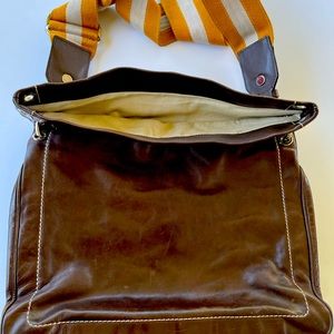 Large Bally Shoulder Bag Brown with mustard and cream strap.